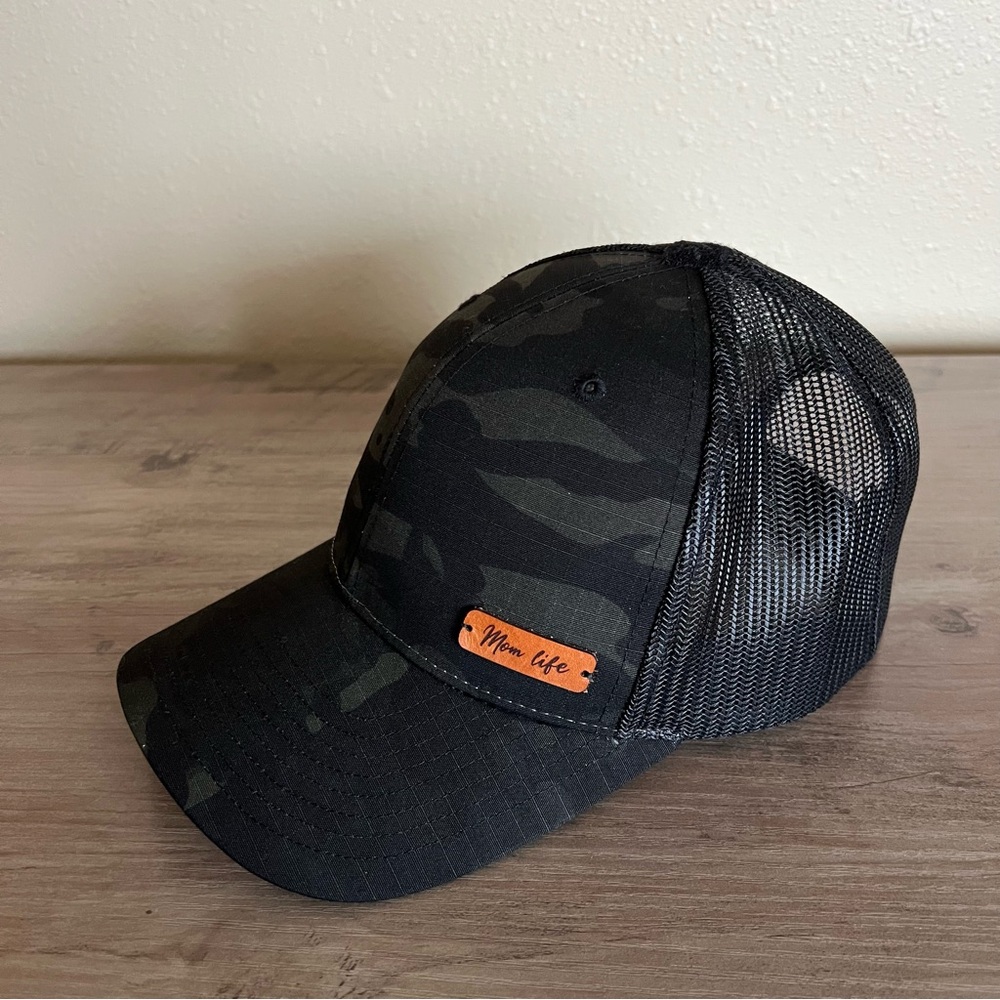 Mom Life Womens Trucker Hat Mesh Snapback Baseball Cap Black Camo Leather Patch